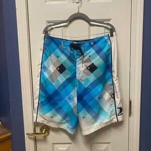 Hurley Shorts Mens 33 Blue Swim Boardshorts 10" inseam Geometric Squares